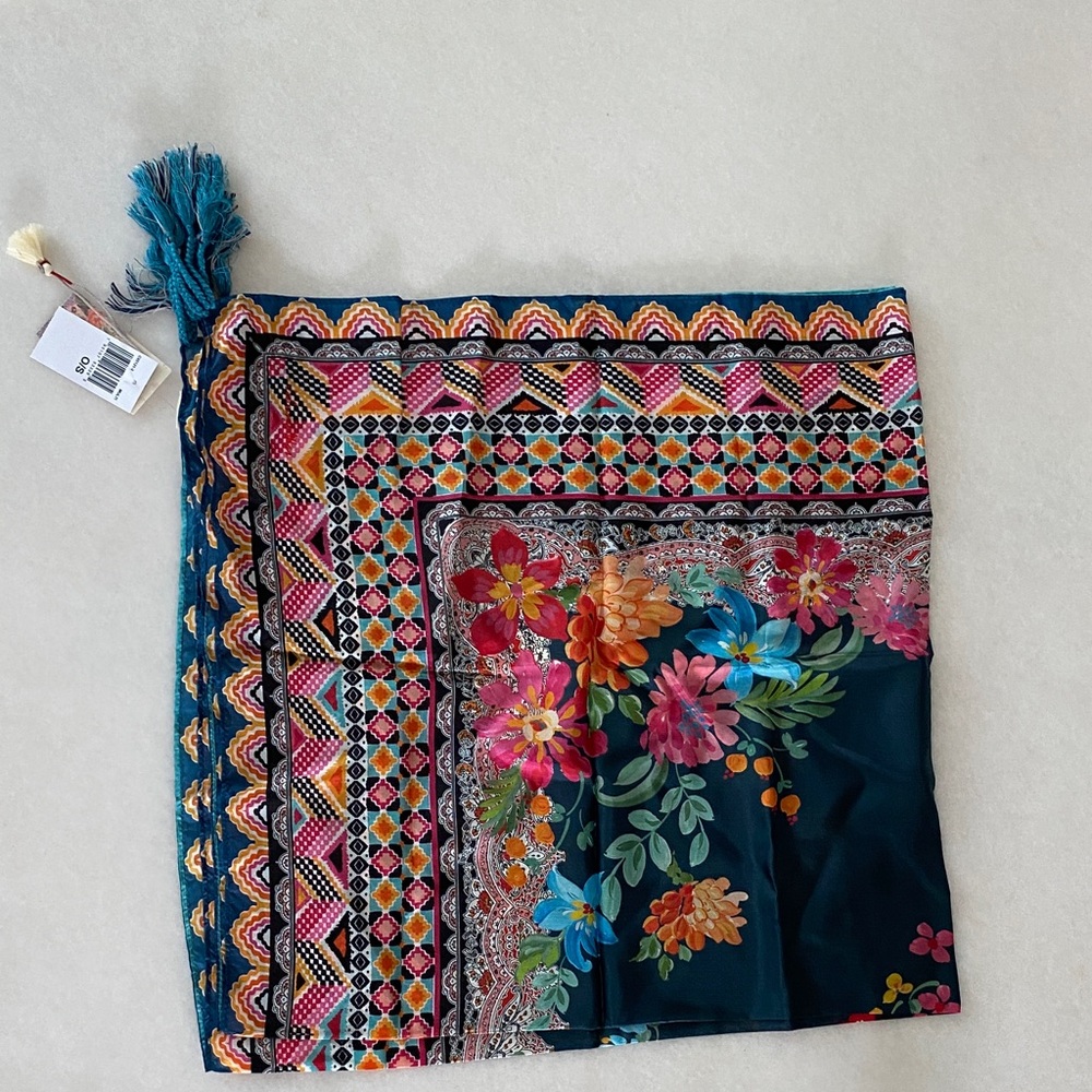Johnny Was 100% silk Teal and Pink Large Floral Scarf